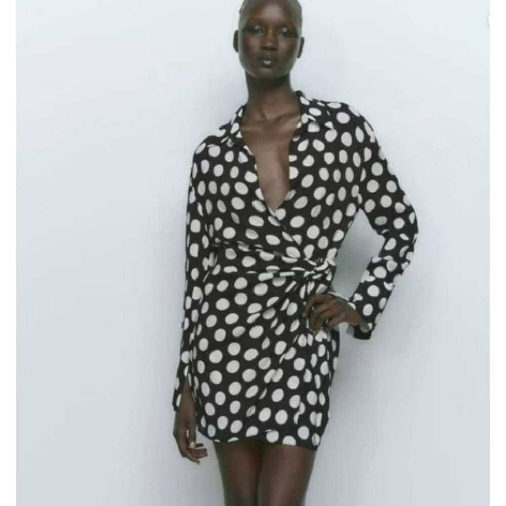 Zara Mini Black and White Polka Dot Pareo Wrap Collared V-Neck Dress Small